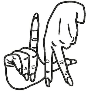 K&ouml;nnte beinhalten: Schwarz-wei&szlig;e Strichzeichnung der Handgeste f&uuml;r den Buchstaben "L" in der amerikanischen Geb&auml;rdensprache.