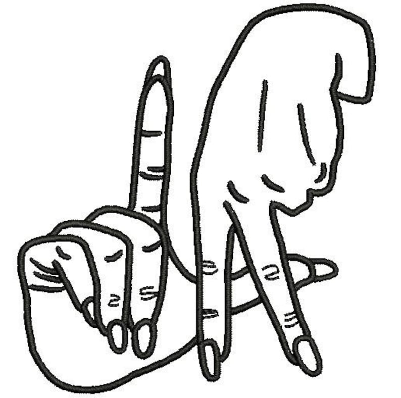 K&ouml;nnte beinhalten: Schwarz-wei&szlig;e Strichzeichnung der Handgeste f&uuml;r den Buchstaben "L" in der amerikanischen Geb&auml;rdensprache.