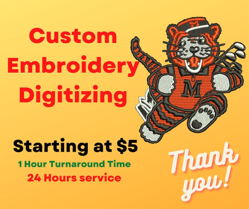 May include: Custom embroidery digitizing services starting at $5.  1 hour turnaround time and 24 hour service.  The image shows a cartoon tiger wearing a baseball cap and holding golf clubs.