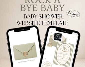 Rock A Bye Baby Shower Website Template | Sage Green Rocking Horse Digital Invitation (Canva)