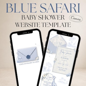 May include: Two smartphones displaying a baby shower website template. The design features a blue safari theme with giraffe illustrations and the text "BLUE SAFARI BABY SHOWER WEBSITE TEMPLATE". One screen shows an invitation, the other an envelope.