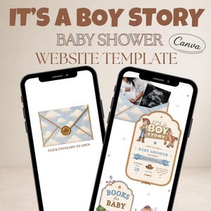 May include: Two smartphones displaying a baby shower website template. The top text reads "IT'S A BOY STORY BABY SHOWER WEBSITE TEMPLATE". One phone shows a cloud-themed envelope, the other a baby shower invitation with a cowboy theme.