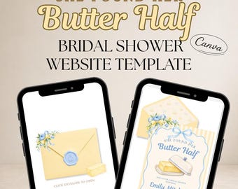 May include: Two smartphones displaying a bridal shower website template with the text She Found Her Butter Half. The design features yellow envelopes, blue wax seals, butter dishes, and blue floral accents on a light background for event invitations.