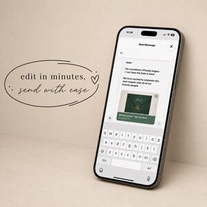 K&ouml;nnte beinhalten: Ein Smartphone zeigt eine digitale Nachrichtenoberfl&auml;che mit dem Text 'edit in minutes, send with ease' in Schreibschrift. Auf dem Bildschirm ist ein Entwurf f&uuml;r eine 'New Message' mit einer 'Save the Date'-Ank&uuml;ndigung und einem gr&uuml;nen Umschlag.