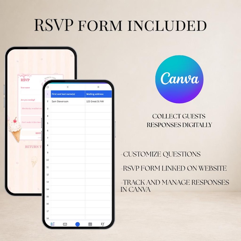 K&ouml;nnte beinhalten: Zwei Smartphones zeigen ein digitales RSVP-Formular und eine Tabelle f&uuml;r G&auml;steantworten. Der Text lautet: RSVP FORM INCLUDED, Canva, COLLECT GUESTS RESPONSES DIGITALLY, CUSTOMIZE QUESTIONS, RSVP FORM LINKED ON WEBSITE, TRACK AND MANAGE RESPONSES IN CANVA.