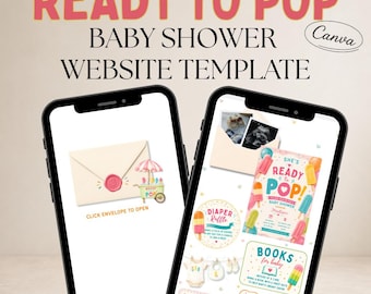 Plantilla de sitio web para baby shower "Ready to Pop", invitación para baby shower con diseño de paleta de helado, invitación editable para sitio web en Canva, invitación interactiva para dispositivos móviles.