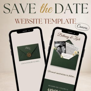 May include: Two smartphones displaying a wedding website template. The top text reads "SAVE the DATE" in a script font. One phone shows an envelope with "B&Z" and the text "CLICK ENVELOPE TO OPEN". The other phone shows a photo and text.