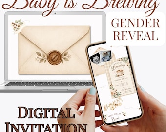 A Baby Is Brewing | Coffee Theme Gender Reveal Invitation | Canva digital invitation