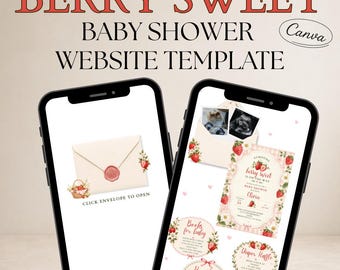 Beere Süß Babyparty Website Vorlage | Erdbeer-Babyparty einladen | Bearbeitbare Canva Website einladen | Digitale Baby Shower Einladung