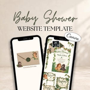 May include: Two smartphones displaying a baby shower website template with jungle-themed graphics, including illustrations of a lion and gorilla, an envelope with a wax seal, and text reading Baby Shower, RSVP, Registry, and Books for Baby.