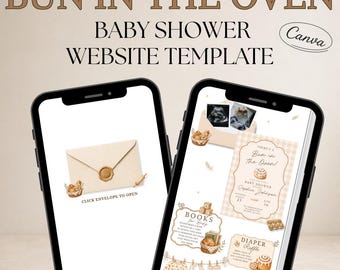 May include: Two smartphones displaying a Bun in the Oven baby shower website template. The screens feature a cream-colored envelope with a wax seal, a baby shower invitation, a diaper raffle card, and a books for baby section with illustrations.