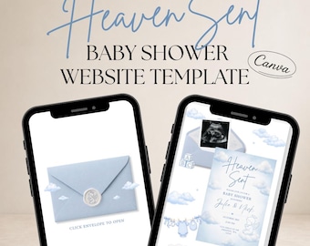 Heaven Sent Baby Shower Website Template, Blue Angel Canva Invite (Digital Download)