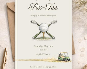 Invito per il 60° compleanno a tema golf, invito per una festa a sei buche, modello Canva modificabile (download digitale)