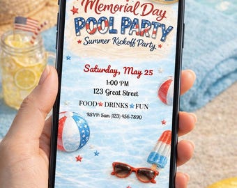 Memorial Day Pool Party Invitation | Patriotic Summer Kickoff (Digital Download)