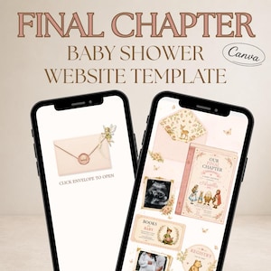 May include: A digital baby shower website template displayed on two smartphones. The template features a soft, vintage aesthetic with floral and fairy illustrations. Text includes "FINAL CHAPTER" and "BABY SHOWER WEBSITE TEMPLATE."