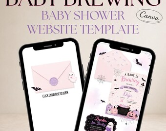 Baby Brewing Halloween Baby Shower Website Template, Pink Purple Ghost Baby Shower Invite, Editable Canva Baby Shower Invite, Spooky Shower