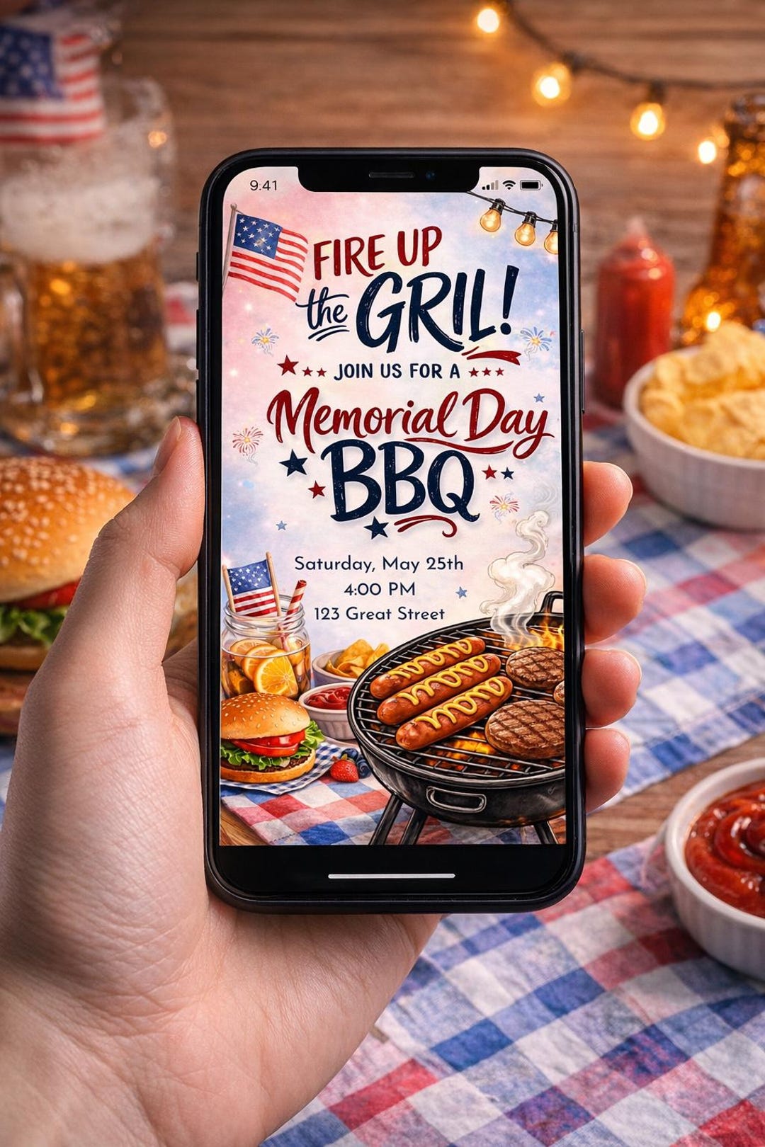 Memorial Day BBQ Invitation | Fire up Grill Cookout Invite (digital ...