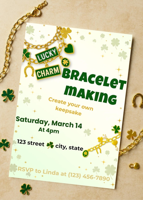 Lucky Charm Bracelet Making Invitation | St. Patrick’s Day Party Digital Invite | Editable Template