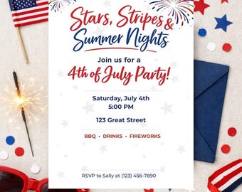 4th of July Party Invitation, Stars Stripes Summer Nights BBQ Invite (Digital Download)