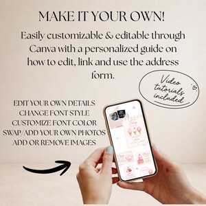 K&ouml;nnte beinhalten: Ein Smartphone zeigt eine digitale Einladungsvorlage mit rosa Eiscreme-Grafiken. Der Text lautet: MAKE IT YOUR OWN! Easily customizable & editable through Canva with a personalized guide on how to edit, link and use the address form. Video tutorials included. EDIT YOUR OWN DETAILS, CHANGE FONT STYLE, CUSTOMIZE FONT COLOR, SWAP/ADD YOUR OWN PHOTOS, ADD OR REMOVE IMAGES.
