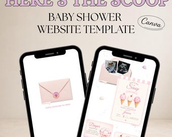 Here’s the Scoop Baby Shower Website Template, Ice Cream Baby Shower Invitation, Editable Canva Mobile Invite, Interactive Baby Shower