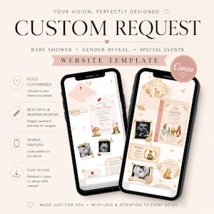 May include: Two smartphones displaying a baby shower website template. The design features soft pink and beige tones, with illustrations of a ladybug, mushrooms, and a deer. Text includes "Custom Request" and "Website Template."