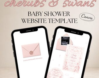 Cherubs & Swans Babyparty Website Vorlage, bearbeitbare Canva Babyparty Einladung, Rosa Vintage Babyparty Einladen, Digitale Einladung