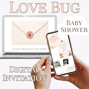 May include: Digital baby shower invitation with a "Love Bug" theme. The design includes a laptop displaying an envelope with a ladybug sticker, and a smartphone showing the invitation details. Text includes "Baby Shower" and "Digital Invitation".