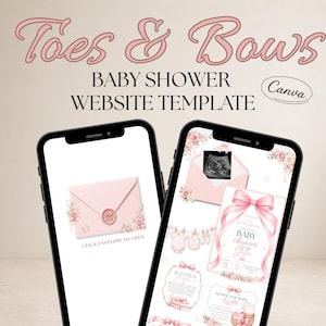 May include: Two smartphones displaying a baby shower website template titled Toes & Bows. The screens feature pink envelopes, floral accents, a baby ultrasound image, and text including Baby Shower Website Template, Books for Baby, and Diaper and Wipe Raffle.