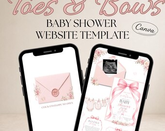 Tiny Toes & Pretty Bows Baby Shower Website Template, Pink Baby Shower Invite, Canva Editable Digital Invitation, RSVP Form