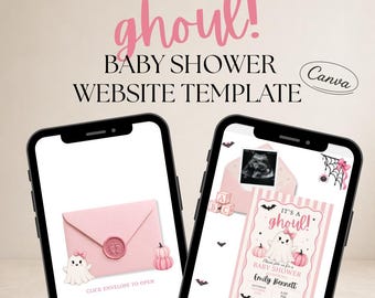 Pink Halloween Baby Shower Website Template | Ghost Girl Canva Invite (Digital Download)