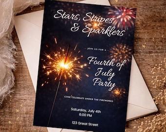Fourth of July Party Invitation, Stars Stripes Sparklers Invite (Digital Download)