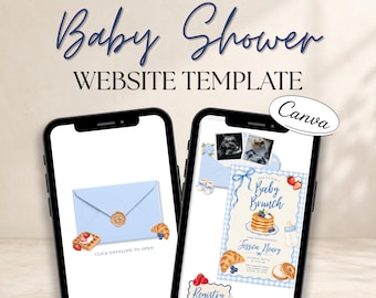Baby Brunch Digital Invitation | Boy Baby Shower Canva Website Template | Blue Gingham Editable Invite | RSVP & Registry