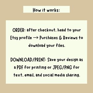 May include: A beige graphic with the text "How it works:" followed by instructions on how to download files after purchase from an Etsy profile. The instructions include saving the design as a PDF or JPEG/PNG.