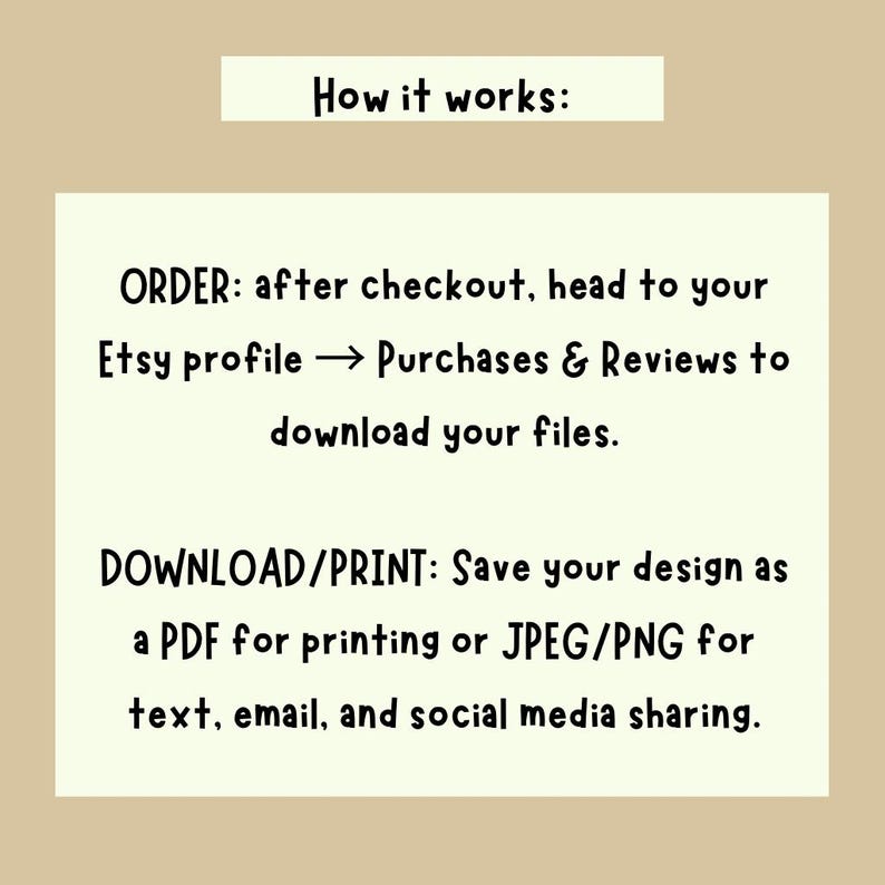 May include: A beige graphic with the text "How it works:" followed by instructions on how to download files after purchase from an Etsy profile. The instructions include saving the design as a PDF or JPEG/PNG.