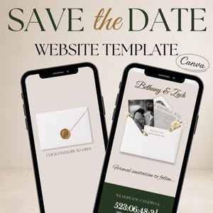 Könnte beinhalten: Zwei Smartphones, die eine Hochzeitseinladungsvorlage anzeigen. Eines zeigt einen Umschlag mit einem goldenen Siegel, das andere ein Foto und Text. Der Text lautet "Save the Date" und "Website Template". Das Design ist in neutralen Tönen gehalten.