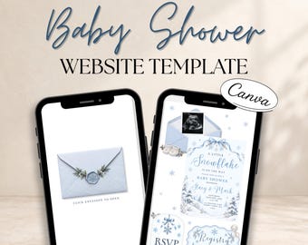 Little Snowflake Baby Shower Digital Invitation | Canva Website Template | Winter Baby Boy Shower Invite | Editable RSVP form Website Invite