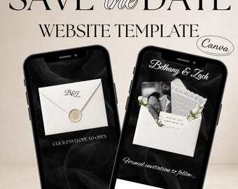 Minimalist Black & White Save the Date Website Template, Digital Wedding Invite, Editable Canva Template
