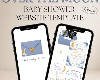 Over the Moon Baby Shower Website Template, Blue Moon Baby Shower Invitation, Editable Canva Website, Digital Baby Shower