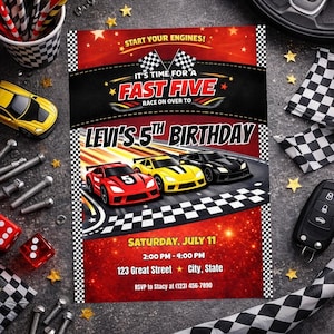 May include: A birthday invitation with a racing theme, featuring the text "Levi's 5th Birthday". The design includes three race cars, a chequered flag pattern, and the phrases "Start Your Engines!" and "Fast Five". The invitation includes event details.