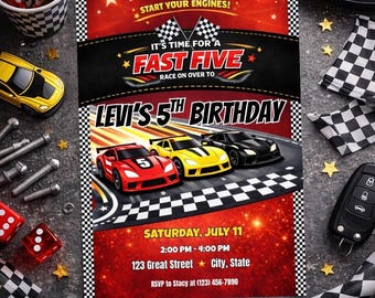 Fast Five Race Car Birthday Invitation | 5th Birthday Party Invite (Digital Download)