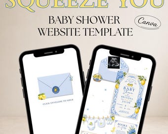 We Can’t Wait to Squeeze You Baby Shower Website Template, Blue Lemon Baby Shower Invite, Editable Canva Template