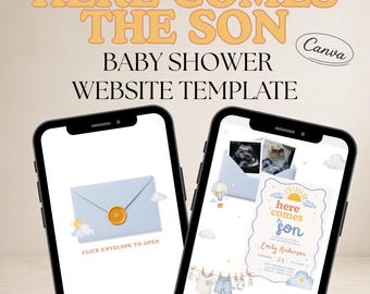 May include: Two smartphones displaying a baby shower website template with the text HERE COMES THE SON. The screens show a light blue envelope with a gold wax seal, a sun graphic, clouds, a hot air balloon, and baby clothing illustrations.