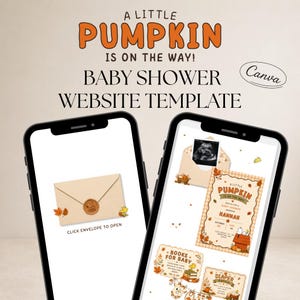 Könnte beinhalten: Zwei Smartphones zeigen eine Babyparty-Website-Vorlage mit dem Text A LITTLE PUMPKIN IS ON THE WAY! BABY SHOWER WEBSITE TEMPLATE. Die Bildschirme zeigen einen Umschlag mit Wachssiegel, eine Einladung mit Herbstblättern und Details zur Babyparty.