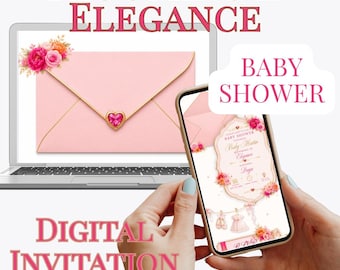 Pink Floral Baby Shower Invitation, Blooming Elegance Digital Template (Canva)