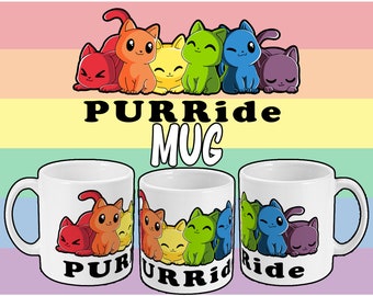 PURRide rainbow cats ceramic Mug, Pride celebration gift, LGBTQIA breakfast cup