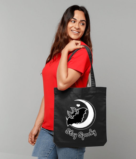 Stay Spooky Tote Bag, Organic Black Tote Bag, Eco-friendly Shopping Tote Bag, Sustainable Gift idea, Reusable Bag,  Recycled Cotton Bag