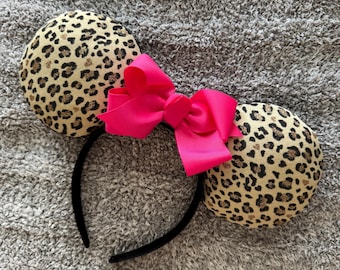 Diadema con orejas de ratón y estampado de guepardo con purpurina