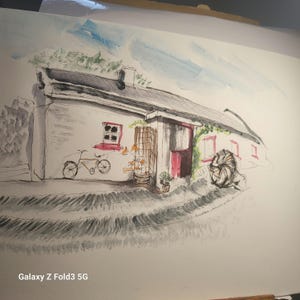 Pièce originale irish cottage antrim aquarelle stylo et encre d'artiste local matériaux de haute qualité peinture oeuvre d'art carte postale. sans cadre