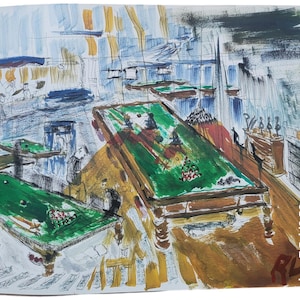 Pièce originale de Belfast snooker aquarelle irlandaise stylo encre artiste local matériaux de haute qualité peinture oeuvre d'art carte postale. sans cadre